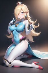 1girls ai_generated bodysuit crown female high_heels mario_(series) nintendo on_knees peace_sign ponceai princess_rosalina robot_girl robot_humanoid robot_joints salute smiling_at_viewer solo twitter_username