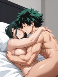 1boy 1girl abs ai_generated bed bedroom biceps big_ass big_breasts black_hair completely_nude couple cuddling female green_hair happy hugging isogil izuku_midoriya muscular_male my_hero_academia nude pecs smiling thighs wholesome yui_kodai