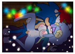 ariem christmas christmas_lights demichan hedgehog kissing santa_hat sega sheep sheep_girl sonic_(series) sonic_the_hedgehog sonic_the_hedgehog_(series)