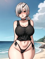 ai_generated beach bikini bikini_bottom black_topwear breasts chainsaw_man choker curvy curvy_female eyepatch gardener_ai highleg_bikini highleg_panties hourglass_figure large_breasts long_hair midriff navel no_pants panties ponytail quanxi_(chainsaw_man) revealing_clothes seaside skimpy stable_diffusion string_bikini string_panties swimsuit tank_top thick_thighs thin_waist thong white_hair wide_hips