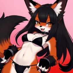 ai_generated anthro black_bra black_hair bra cute female fox_ears fox_girl fox_tail fur furry furry_fox girl orange_eyes orange_fur tagme teen teen_fox