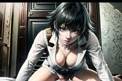 1boy 1girls ai_generated black_hair blue_eyes cleavage cleavage_cutout clothed clothed_sex clothing devil_may_cry devil_may_cry_4 eye_contact female female_focus lady_(devil_may_cry) looking_at_viewer male male_pov pov riding sex stable_diffusion vaginal_penetration vaginal_penetration white_clothing