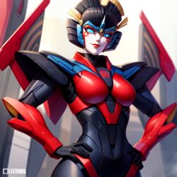 1girls ai_generated female female_only hands_on_hips pixai robot sassy smirk solo transformers windblade