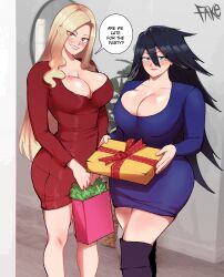 2girls black_hair blonde_hair breasts christmas fake_(artist) female hi_res hips huge_breasts light-skinned_female long_hair looking_at_viewer midnight_(my_hero_academia) mount_lady my_hero_academia naughty_face nemuri_kayama thick_thighs thighs wide_hips yuu_takeyama