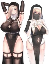 2023 2girls absurd_res armpits arms_behind_head arms_up asm_ln bare_shoulders black_dress black_gloves black_leotard blonde_hair blue_eyes blush breasts cleavage cleavage_cutout clothing covered_navel dress elbow_gloves eyebrows_visible_through_hair female female_only frills gloves highres large_breasts leotard long_hair looking_at_viewer mole mole_on_breast mole_under_mouth multiple_girls navel navel_cutout nun nun's_habit original pelvic_curtain revealing_clothes seductive sideboob simple_background skindentation smile source_request standing thick_thighs thighhighs thighs tight_clothing veil white_background white_gloves
