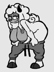 analognsfw anthro big_breasts bottomwear bovid breasts caprine clothed clothing female hi_res horn lanolin's_mother_(sonic) looking_at_viewer mammal nipples pants sega sheep solo sonic_(series) sonic_the_hedgehog_(series) thick_thighs topless undressing vein veiny_breasts wide_hips