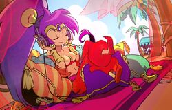 1girls belly breasts breasts_out casual_exposure closed_eyes clothing crossed_legs dangergirlfan earrings edit eyebrows eyelashes female female_focus female_only game_boy gauntlets genie hair headphones heels hut legs_crossed listening_to_music navel nipples outdoors palm_tree pillow ponytail purple_hair shantae shantae_(character) smile smooth_skin solo solo_focus tiara topless video_games wayforward