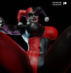 3d batman:_arkham_knight batman_(series) below_view blender bodysuit colacat95 dc dc_comics harley_quinn harley_quinn_(classic) harley_quinn_(injustice) injustice_2 large_breasts latex looking_at_viewer spread_legs superheroine supervillain thick_thighs