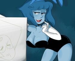 2girls bent_over blue_eyes blue_hair blue_skin blushmallet breasts bunny_ears bunnysuit cleavage elbow_gloves gloves lapis_lazuli_(steven_universe) large_breasts leotard naughty_face peridot_(steven_universe) steven_universe thighs white_gloves