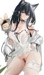 absurdres animal_ear_fluff animal_ears arknights bar_censor black_choker black_hair censored choker female female_pubic_hair hair_between_eyes highres long_hair long_sleeves looking_at_viewer parted_lips pubic_hair pussy pussy_juice sabou_san-shitsu_kokoro texas_(arknights) thigh_strap white_background wolf_ears wolf_girl yellow_eyes