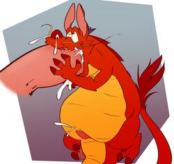 belly big_belly chinese_dragon cum cum_from_nose disney dragon east_asian_mythology eastern_dragon erection fat male male/male male_only mulan mushu oral overweight penis purple_background scalie sharkstomeatyou testosterone testosterone_(artist) white_background