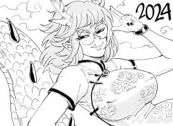 1girls 2024 :q absurd_res bb_(baalbuddy) black_and_white chinese_clothes dragon_girl dragon_horns dragon_tail female female_only glasses horns looking_at_viewer narrowed_eyes new_year new_year_2024 pointy_ears round_glasses smiling smiling_at_viewer smirk solo tail white_background year_of_the_dragon