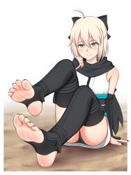 1girls anime anime_style black_bow black_thighhighs blonde_hair bow female foot_fetish hazel_eyes okita_souji_(fate)_(all) sakura_saber sitting smile smiling smiling_at_viewer thighhighs