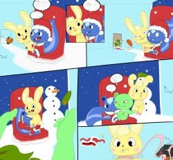 absurd_res anthro bear blood bodily_fluids christmas comic cuddles_(htf) female flippy_(htf) fur genitals happy_tree_friends hi_res holidays lagomorph leporid male male/female male/male mammal mephitid penis petunia_(htf) rabbit skunk yumei