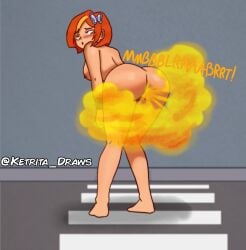 1girl ass ass_focus big_ass big_butt blush blushing butterfly_(planetronika) fart fart_cloud fart_fetish farting female_only ketrita naked naked_female only_female orange_hair planetronika simple_background stinky_ass stinky_butt