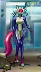 2019 anthro canid canine catsuit_(disambiguation) clothing digital_media_(artwork) disk female fox future gun hair handgun hi_res machine mammal metal monitors paws pistol ranged_weapon robot rubber rubber_suit shinard shiny solo suit synthetic tight_suit vinyl weapon white_hair yellow_eyes