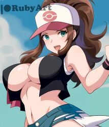 1girls ai_generated big_breasts black_hair cleavage curvy female half_body hilda_(pokemon) looking_at_viewer petite pokemon pokemon_bw ponytail rubyart solo_female stable_diffusion teenager