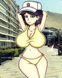 1girls akiba's_trip_the_animation angelindieart14 arms_up background beach beach_background big_breasts big_breasts bikini black_hair breasts cap curvy curvy_female curvy_figure female flower_on_cap matsuko_(akiba's_trip_the_animation) self_upload short_hair white_skin yellow_bikini younger_female