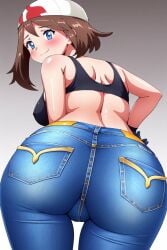 ai_generated ass_focus bent_over big_ass blue_jeans blush bra busty creatures_(company) curvy female female_only from_behind game_freak headwear hi_res highres jeans looking_at_viewer looking_back may_(pokemon) nintendo pokemon pokemon_(game) pokemon_rse pokemon_trainer posing seraphim_ai smile solo sports_bra stable_diffusion tight_jeans