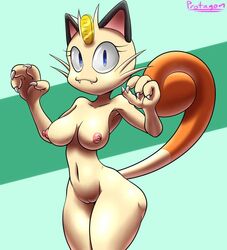 1girls :3 anthro anthrofied armpits ass big_ass big_breasts big_eyes blue_eyes breasts claws coin eye_contact feline female feral furry looking_at_viewer mammal meowth nintendo nipples nude pokémon_(species) pokemon pokemon_rgby protagon pussy simple_background smile source_request standing tail teeth text thick_thighs thin_waist video_games watermark whiskers white_fur wide_hips