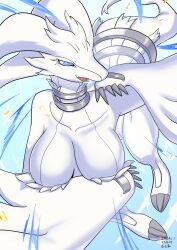 anthro big_breasts blue_eyes blue_sclera breasts claws dragon female female_dragon female_pokemon fur furred_dragon generation_5_pokemon hair legendary_pokemon nintendo open_mouth open_smile pokemon pokemon_(species) reshiram sharp_teeth smile solo tail teeth teramegagiga white_body white_fur white_hair