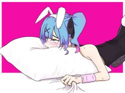 blue_hair blush bunny_ears bunnysuit chirisazu clenching_sheets face_in_pillow hatsune_miku implied_sex pillow rabbit_hole_(deco*27/caststation) rabbit_hole_(vocaloid) twintails vocaloid