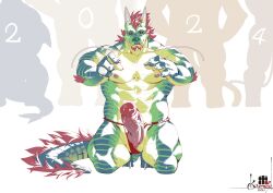 2024 2_horns abs absurd_res animal_genitalia anthro asian_clothing biceps bodily_fluids claws clothing clothing_aside dragon dripping east_asian_clothing eastern_dragon female fundoshi fundoshi_aside genital_fluids genital_slit genitals green_body green_scales hair hi_res horn japanese_clothing kourney male muscular muscular_female muscular_male nipples pecs penis precum precum_drip red_hair rigid_(kourney) scales slit tail underwear underwear_aside vein veiny_penis