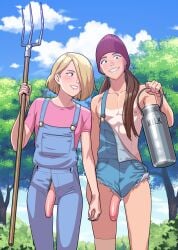 2boys blonde_hair caleb_(dross) casual clothing crossover effeminate fanart farmer femboy femboy_only feminine_male male male_only multiple_boys one_eye_covered original overalls pale_skin penis penis_out penis_out_of_pants pink_nail_polish short_hair tekuho trap twink uncut zoey_(tekuho)