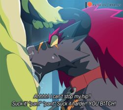 2019 animated balls bna_v5 bodily_fluids demon_lord_dragon_batzz dirty_talk dragon english_text erection future_card_buddyfight horn humiliation male male/male oral penis saliva scalie text