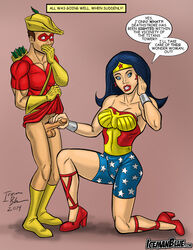 1boy1girl 2014 abs age_difference armlet arrows balls biceps black_hair blue_eyes boots bottomless brown_hair busty clothed_female comic corset dc dc_comics earrings erect_nipples_under_clothes erect_penis erection flash_(series) gloves green_arrow_(series) handjob hat high_heels holding_penis icemanblue long_hair mask muscular_male nail_polish no_pupils older_female older_woman_and_younger_boy penis quiver red_lipstick roy_harper speech_bubble speedy teen_titans testicles thick_thighs wide_hips wonder_woman wonder_woman_(series) younger_male