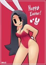 1girls bare_legs black_hair blush bunny_ears bunnysuit clothes clothing female_only long_hair nekuzx niku_(nekuzx) red_background shiny_hair solo_female