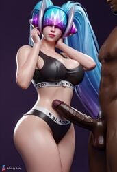 3d 3d_(artwork) ai_generated before_sex big_ass blacked blacked_clothing blender blue_hair chocolate_and_vanilla dark-skinned_male dj_sona dreamcuc huge_cock interracial interracial_sex large_breasts league_of_legends light-skinned_female long_hair sona_buvelle