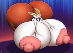 anthro ass badgerben big_breasts big_butt breasts buckteeth cheek_tuft cinderace facial_tuft female fur generation_8_pokemon huge_butt hyper hyper_breasts hyper_butt lagomorph leporid long_ears mammal nintendo nipples pokemon pokemon_(species) red_body red_fur smile solo teeth tuft white_body white_fur