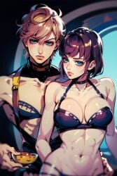 1girls ai_generated big_breasts black_hair blue_eyes breasts bruno_buccellati female green_eyes human jojo's_bizarre_adventure light-skinned_female light_skin pink_hair rule_63 short_hair shounen_jump trish_una vento_aureo