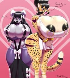 2girls anthro betsibi big_ass big_breasts big_lips black_hair black_lips black_nipples cheetah clothed earrings huge_ass huge_breasts hyper_bimbo hyper_breasts jasmine_(plankboy) lipstick milf multiple_girls pink_lipstick plankboy