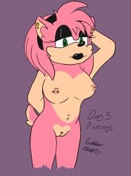 amy_rose anthro black_lipstick ear_piercing eulipotyphlan female fur hedgehog hi_res lipstick makeup mammal multiple_piercings navel navel_piercing nipple_piercing nipples pierced_genitals piercing pink_body pink_fur rubberh0es_(artist) sega solo sonic_the_hedgehog_(series)