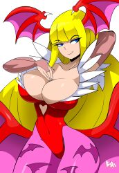 1girls armpits big_breasts bigdeadalive blonde_hair blue_eyes breasts capcom cleavage clothing covered_navel darkstalkers female female_only large_breasts looking_at_viewer morrigan_aensland palette_swap photoshop revealing_clothes seductive seductive_smile smile solo succubus tagme third-party_edit