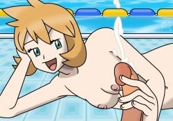 1boy 1girls areolae breasts cum green_eyes handjob kasumi_(pokemon) looking_at_viewer nintendo nipples nude orange_hair partial_male penis pokemon pokemon_frlg pokemon_rgby ragnar_oktopod seductive small_breasts