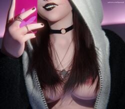 1girls 3d 4k areolae biting_lip biting_own_lip black_lipstick blender blizzard_entertainment braces breasts brown_hair close-up clothed clothing d.va female female_focus female_only hana_song highres holding holding_phone hood hood_up korean korean_female light-skinned_female light_skin lipstick long_hair medium_breasts mirror mirror_selfie necklace nipples onesie open_clothing open_onesie overwatch overwatch_2 pale-skinned_female pale_skin panda_hood phone presenting presenting_breasts selfie solo solo_focus taking_picture taking_selfie thefastestgman watermark zipper zipper_down