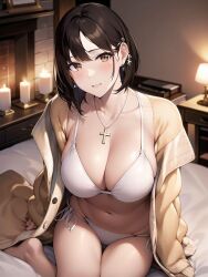 1girls ai_generated ai_mirror bed bedroom belly_button big_breasts blush brown_eyes brown_hair candles coat coat_down cross_necklace drawer earrings lamp looking_at_viewer on_knees open_coat picture_(object) seductive short_hair underwear white_skin white_underwear yellow_coat