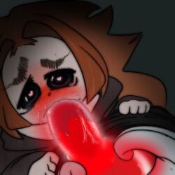 blush blush brown_hair cock_vein glowing_genitalia glowing_penis heart-shaped_pupils heart_eyes looking_at_viewer oral poshmoon pov_male red_penis sans sans_(undertale) sucking_cock sucking_penis tearing_up tears undertale veiny_penis wet_penis