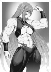 1girls abs absurd_res biceps body_markings breasts flexing fuma_kotaro_(tenkaichi) greyscale hi_res large_breasts looking_at_viewer monochrome muscular muscular_female navel signature solo speedl00ver tenkaichi_nihon_saikyou_bugeisha_ketteisen underboob veins veiny_muscles very_long_hair