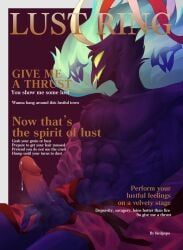 1boy abs asmodeus_(helluva_boss) big_penis birdpopo chest_tuft demon erection fut helluva_boss magazine_cover male muscular penis precum purple_skin robe solo solo_focus solo_male text