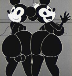 1boy 1girls anthro backsack big_ass big_balls big_butt black_and_white both_sexes_in_same_situation female femboy furu_flami huge_butt male male/female male_shortstack mickey_mouse minnie_mouse mouse public_domain steamboat_willie teapot_(body_type) thick_thighs visible_pussy