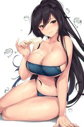 1girls arm_support bangs bikini black_hair breasts bubble cleavage dripping food high_ponytail ice_cream ice_cream_on_breasts idolmaster large_breasts long_hair looking_at_viewer melting_popsicle multi-strapped_bikini navel ponytail popsicle shirase_sakuya simple_background sitting skindentation swimsuit thighs tony_guisado underboob yellow_eyes