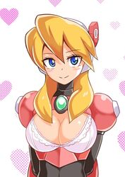 1girls alia armor big_breasts blonde_hair blue_eyes blush bra breasts cleavage clothed cougar1401 cute eye_contact eyebrows eyebrows_visible_through_hair eyelashes female female_only heart_background humanoid large_breasts long_hair looking_at_viewer mega_man mega_man_x reploid robot robot_girl robot_humanoid smile smiling smiling_at_viewer solo solo_female voluptuous white_background