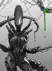 2019 alien alien_(franchise) breasts chains digital_media_(artwork) female female_xenomorph fingers hi_res nipples pussy solo xenomorph zummeng