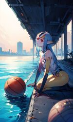 1girls ai_generated ball blue_submarine_no._6 breasts female grey_hair humanoid kneeling long_hair marine mutio pointy_ears red_eyes water yellow_skin