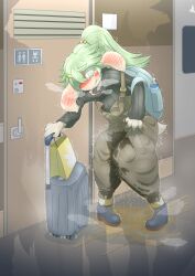 absurd_res accident anthro being_watched blush bodily_fluids clothed clothing desperation embarrassed female genital_fluids green_eyes green_hair hair hi_res lagomorph leporid looking_at_another looking_at_viewer mammal mttbsmn omorashi pee_on_floor peeing peeing_on_self public_urination rabbit solo tears train urine urine_pool vehicle wetting wetting_self