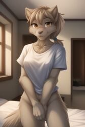 ai_generated female furry rule_63 solo sythe_(twokinds) t-shirt_only twokinds webcomic